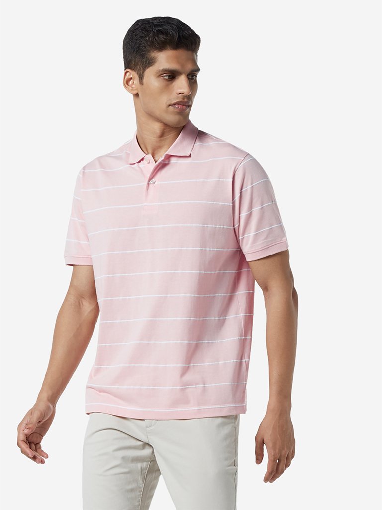 WES Casuals Light Pink Relaxed Fit Polo T-Shirt