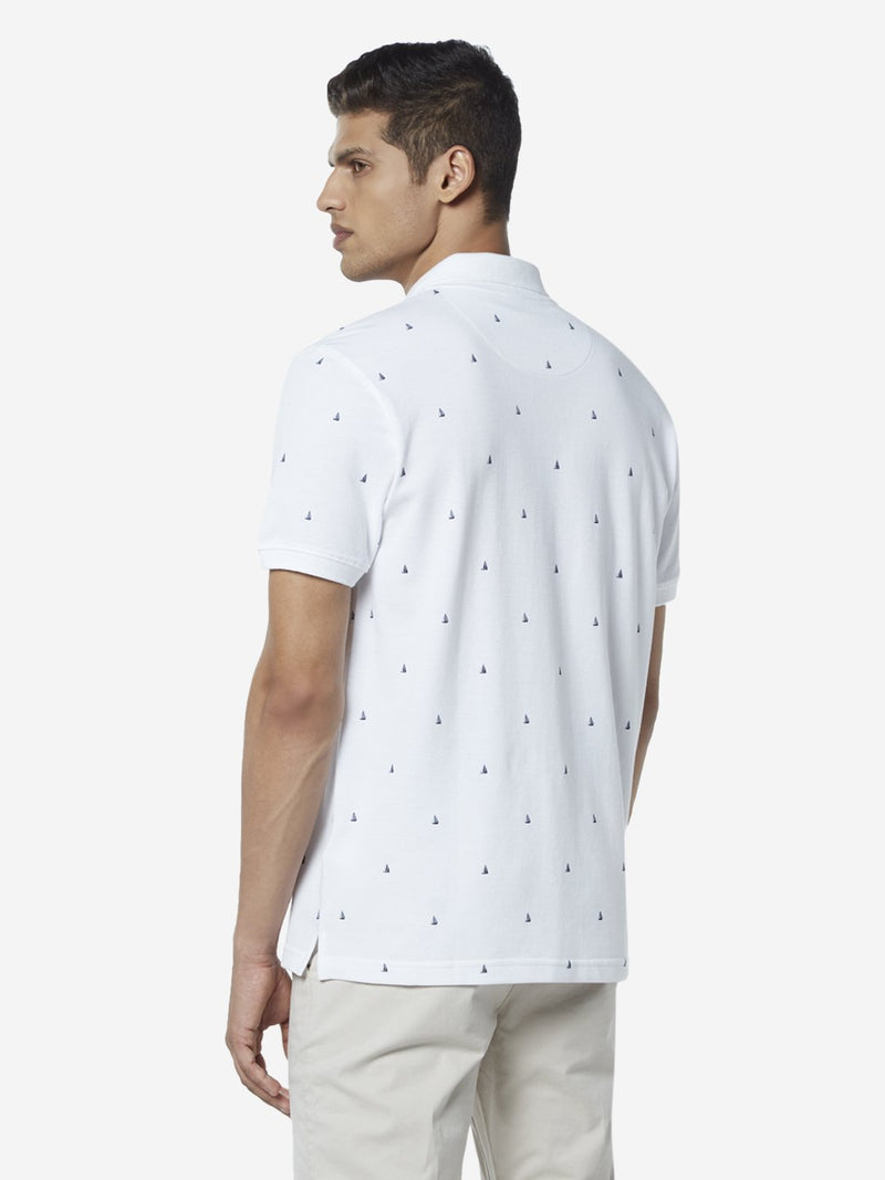 WES Casuals White Printed Slim Fit Polo T-Shirt