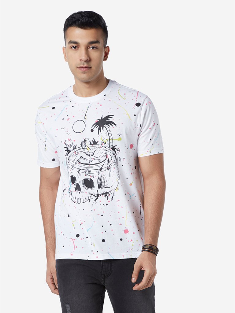 Nuon White Slim Fit Graphic Print T-Shirt