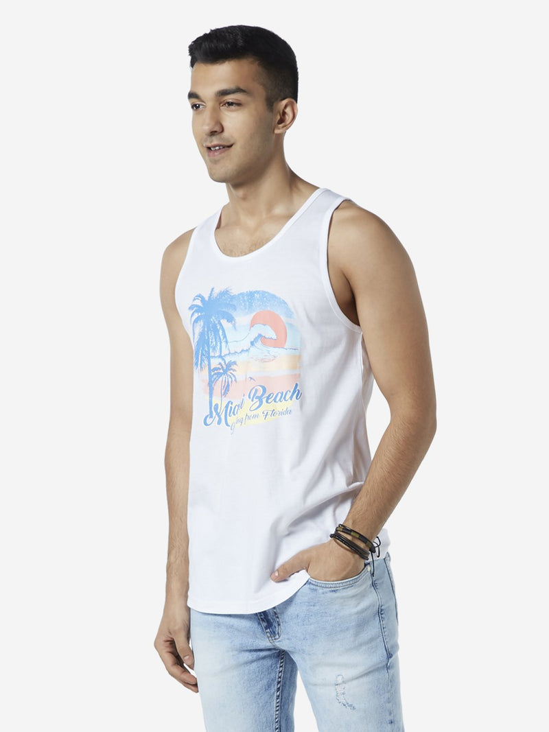 Nuon White Printed Slim Fit Tank T-Shirt