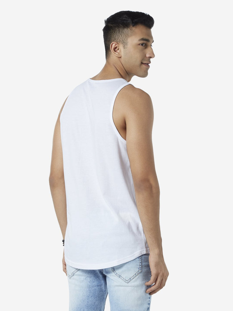 Nuon White Printed Slim Fit Tank T-Shirt