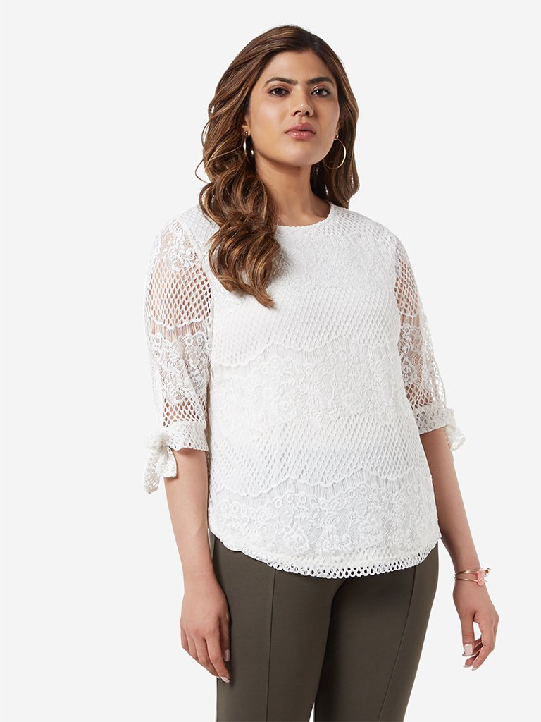 Gia Curve White Crochet Detailed Top