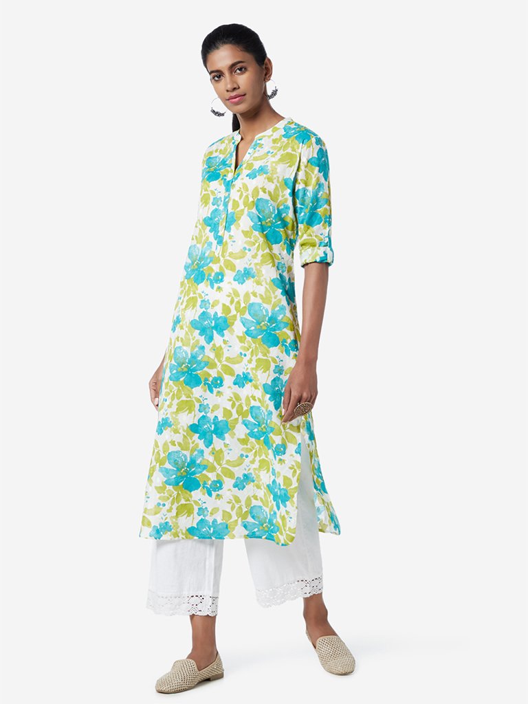Utsa Lime Floral Patterned Straight Kurta
