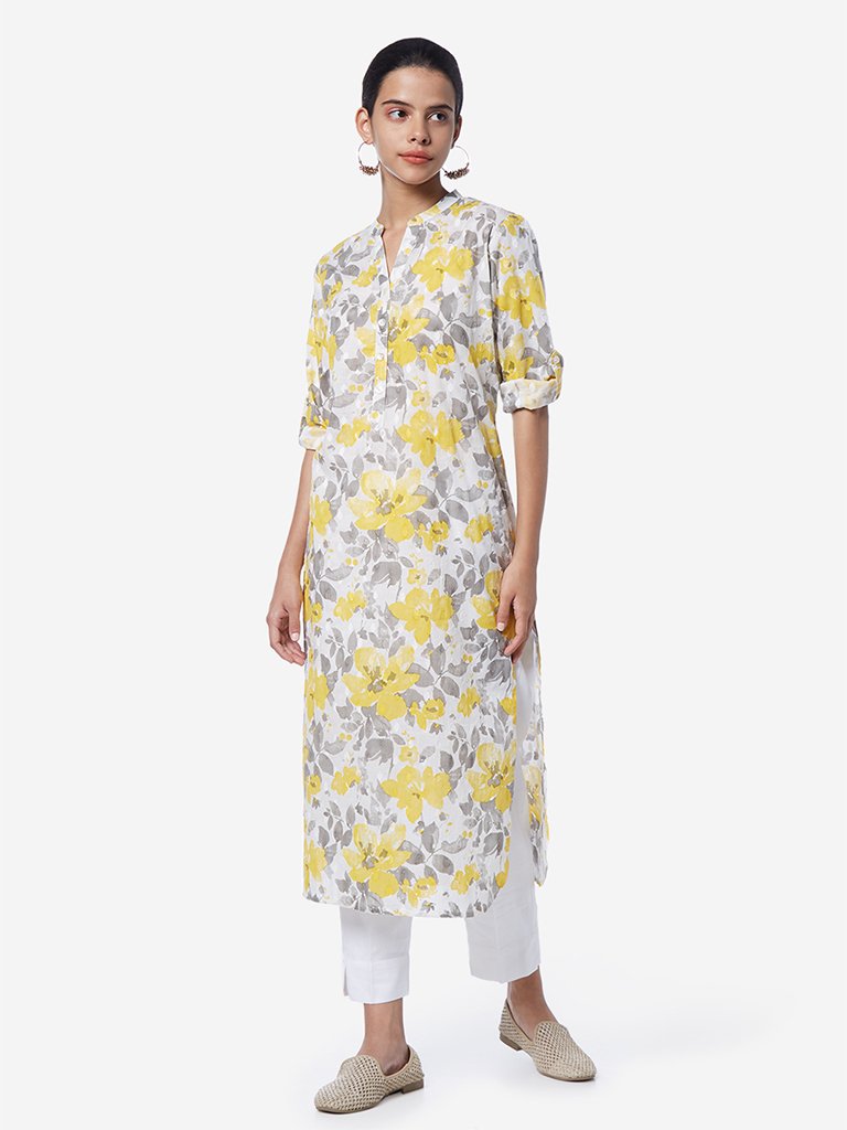 Utsa Yellow Straight Floral Design Kurta