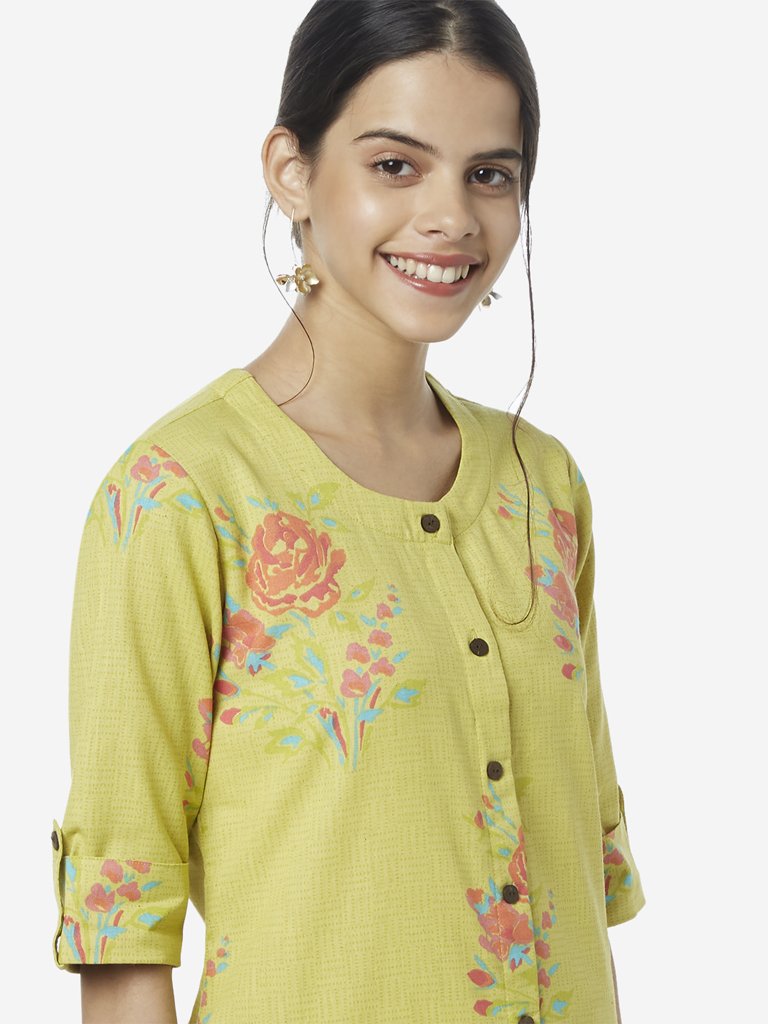 Utsa Lime Floral Printed A-line Kurta