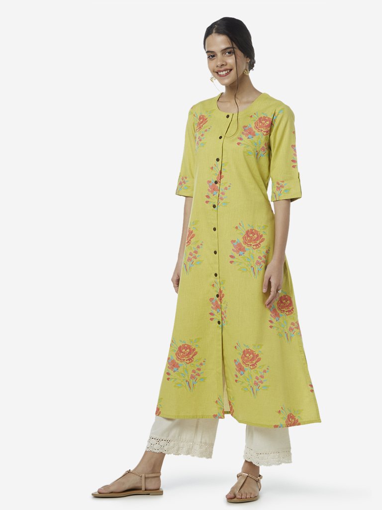 Utsa Lime Floral Printed A-line Kurta