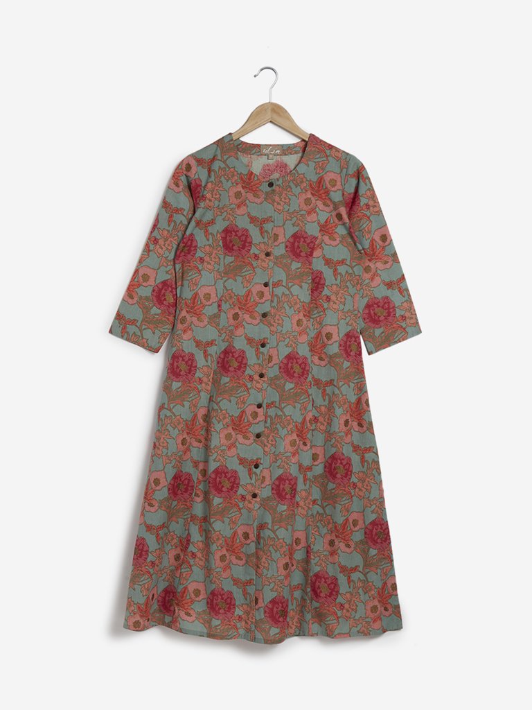 Utsa Turquoise Floral Print A-line Kurta