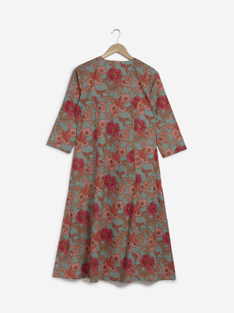 Utsa Turquoise Floral Print A-line Kurta