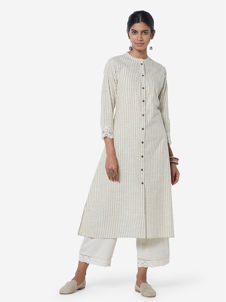 Utsa Off White Crochet Cuff Striped A-line Kurta