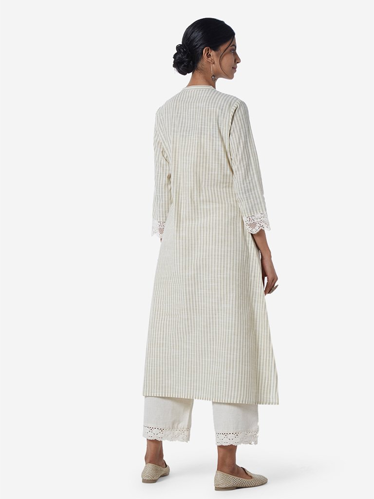 Utsa Off White Crochet Cuff Striped A-line Kurta