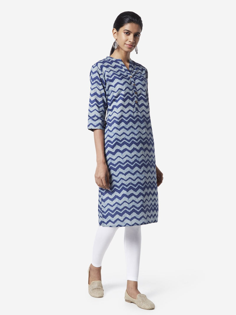 Utsa Blue Chevron Printed Straight Kurta