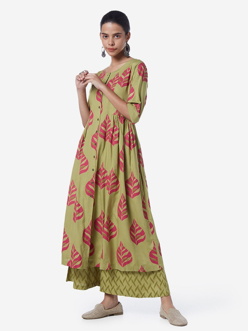 Utsa Sage Green Leaf Printed Fit-And-Flare Kurta