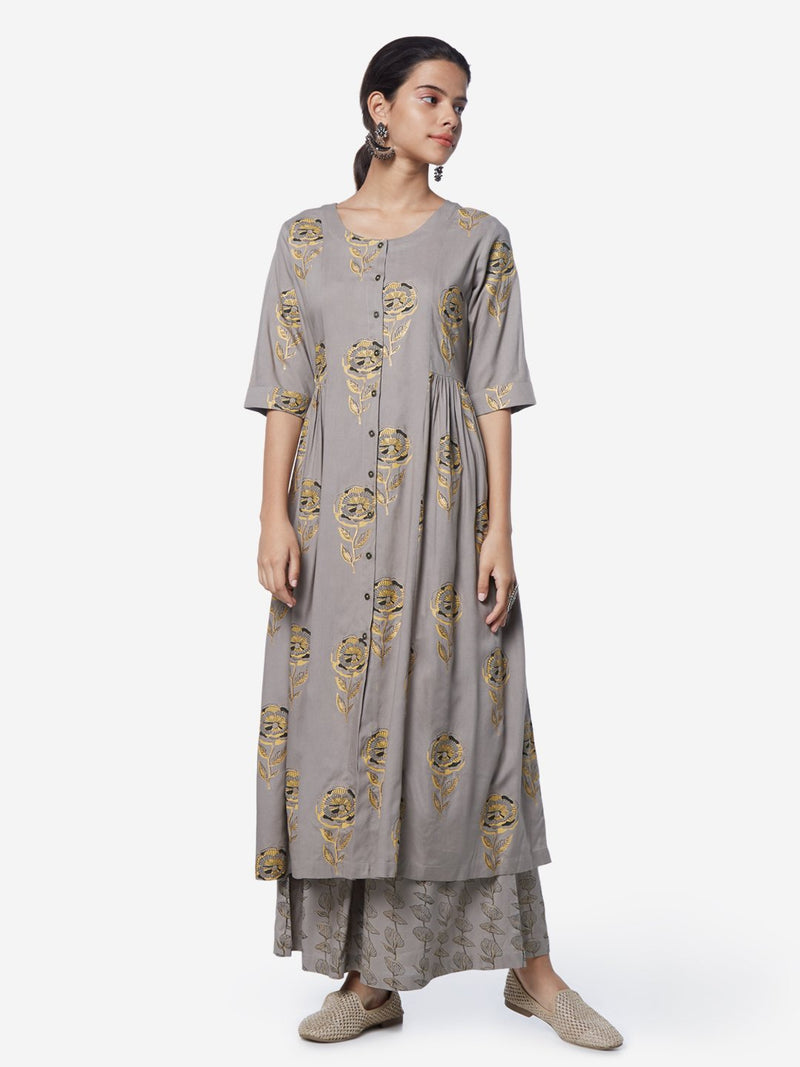 Utsa Grey Floral Print Fit-And-Flare Kurta