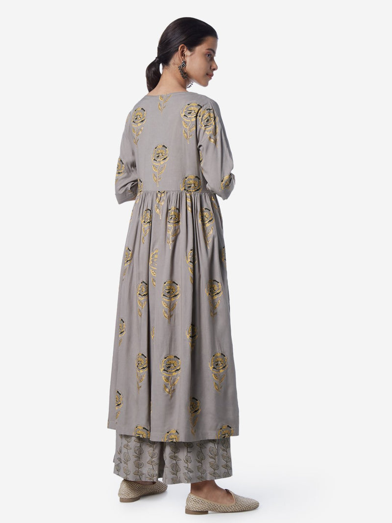 Utsa Grey Floral Print Fit-And-Flare Kurta