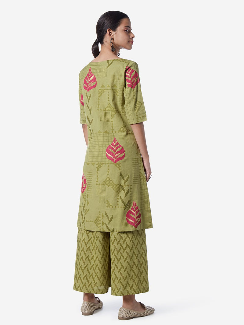 Utsa Sage Green Boat-Neck Printed A-line Kurta