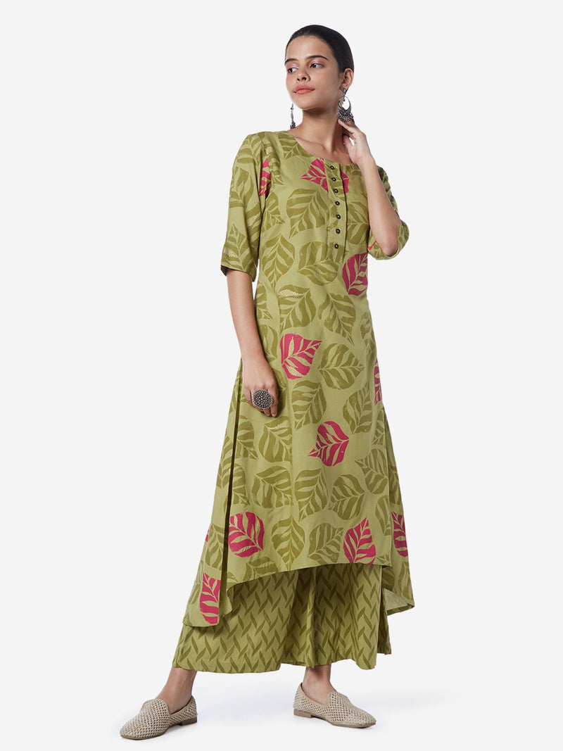 Utsa Sage Green Leaf Print High-Low Kurta