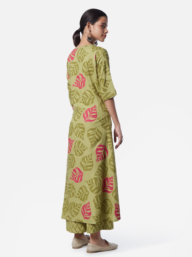 Utsa Sage Green Leaf Print High-Low Kurta