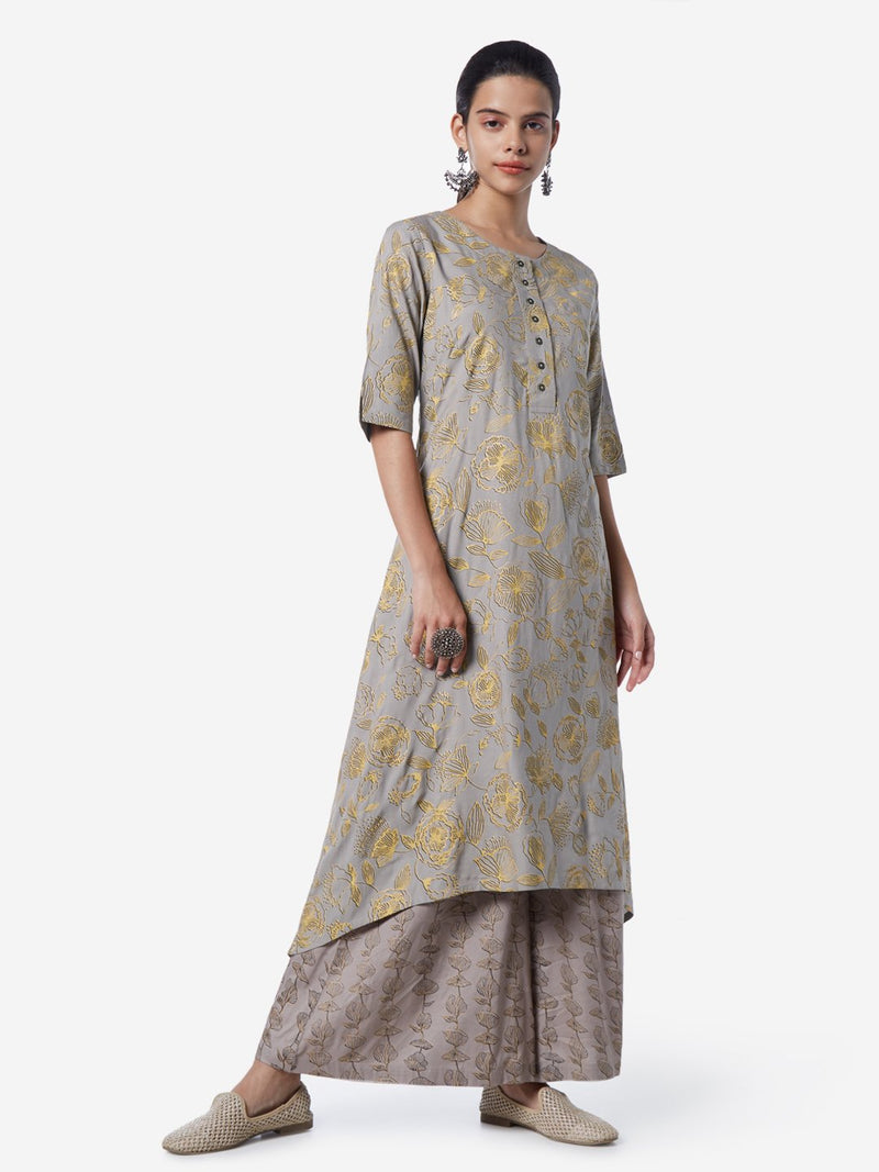 Utsa Grey Floral Patterned High-Low Kurta