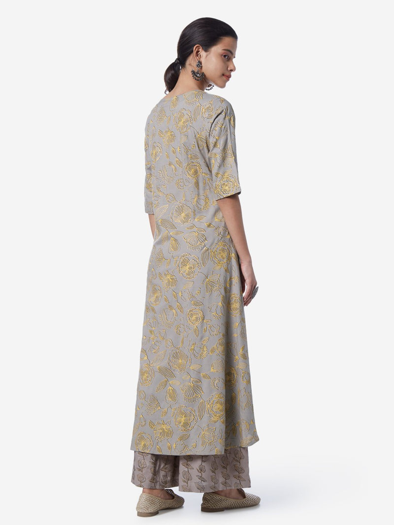 Utsa Grey Floral Patterned High-Low Kurta