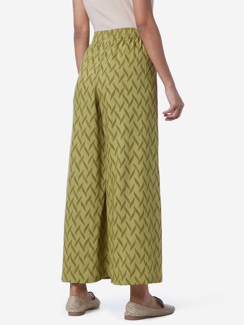 Utsa Sage Green Leaf Print Flared Palazzos