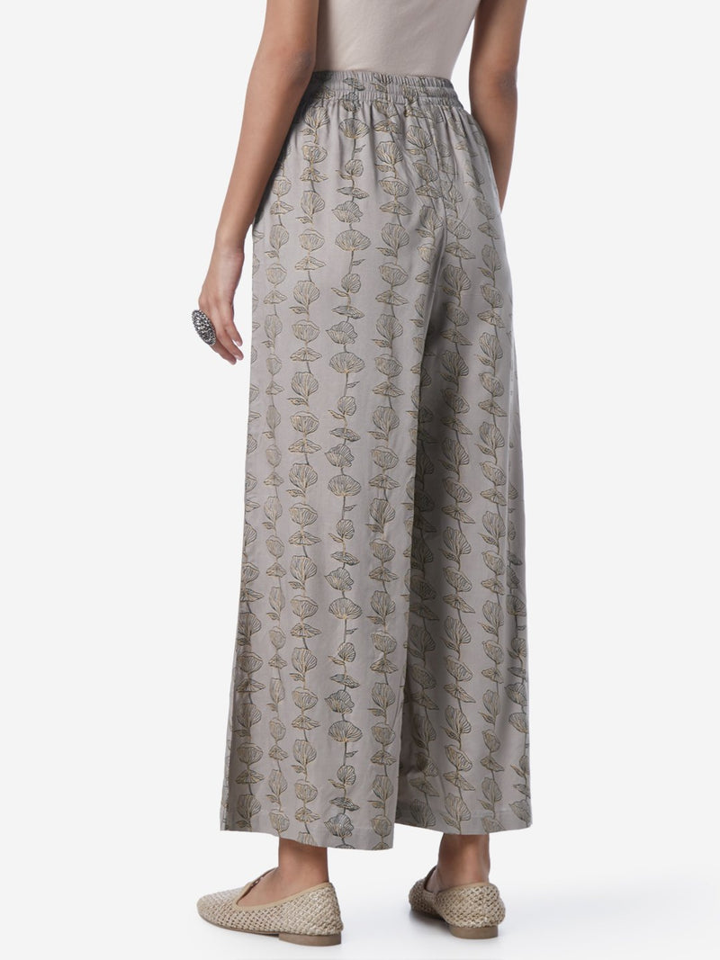 Utsa Grey Floral Patterned Flared Palazzos