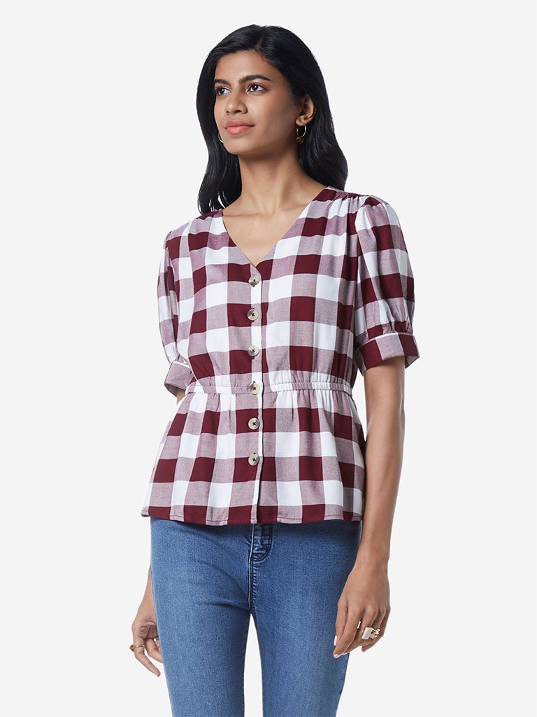 LOV Burgundy Checked Peplum Top