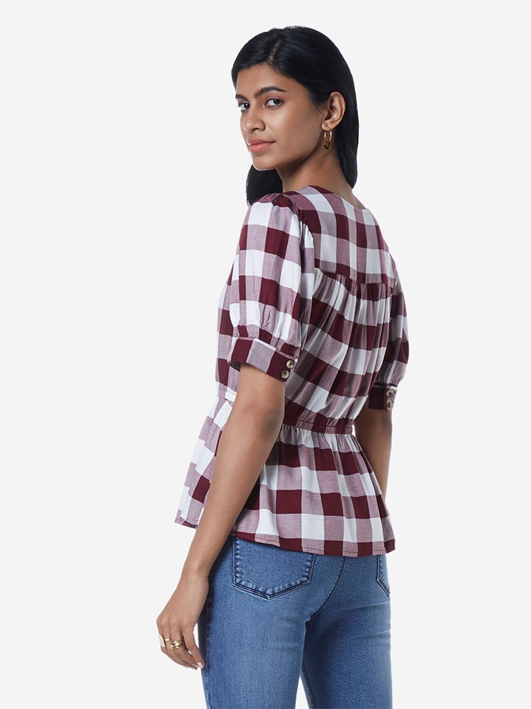 LOV Burgundy Checked Peplum Top