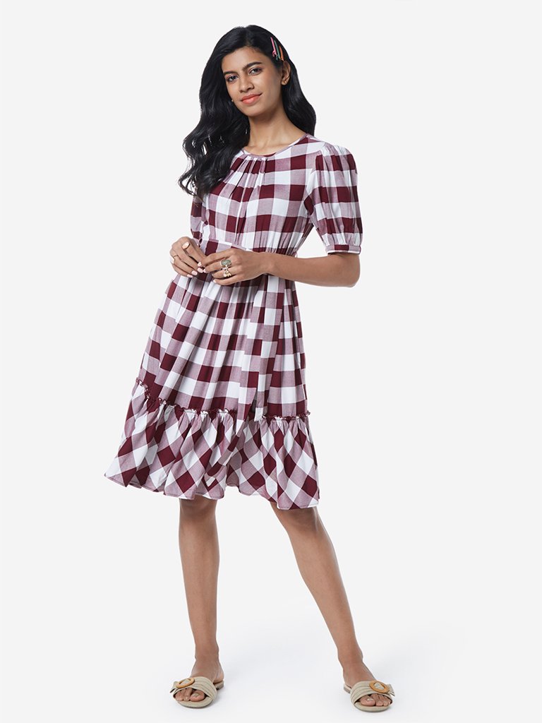 LOV Maroon Checkered Karen Dress With Belt