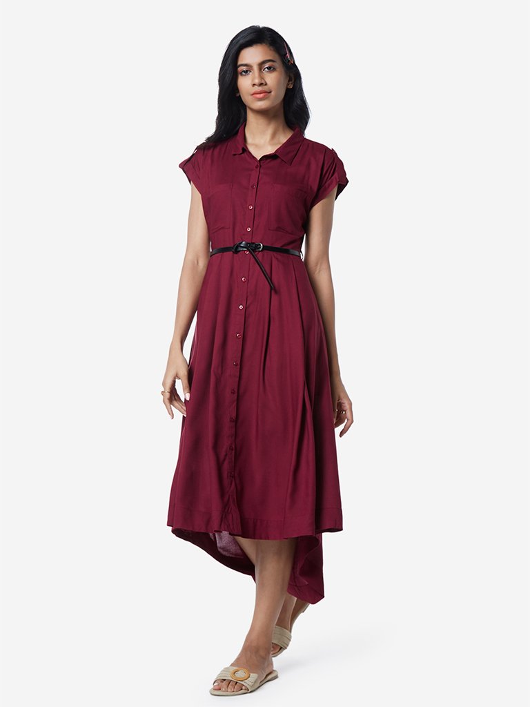 LOV Burgundy High-Low Shirtdress With Belt