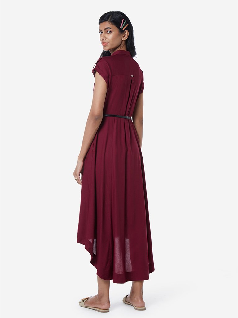 LOV Burgundy High-Low Shirtdress With Belt