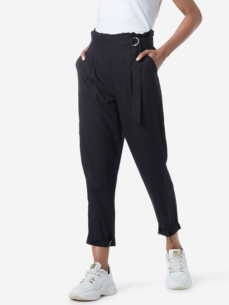 LOV Black Cladice Paper-Bag Trousers