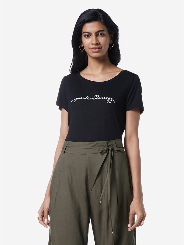 LOV Black Text Printed High-Low T-Shirt