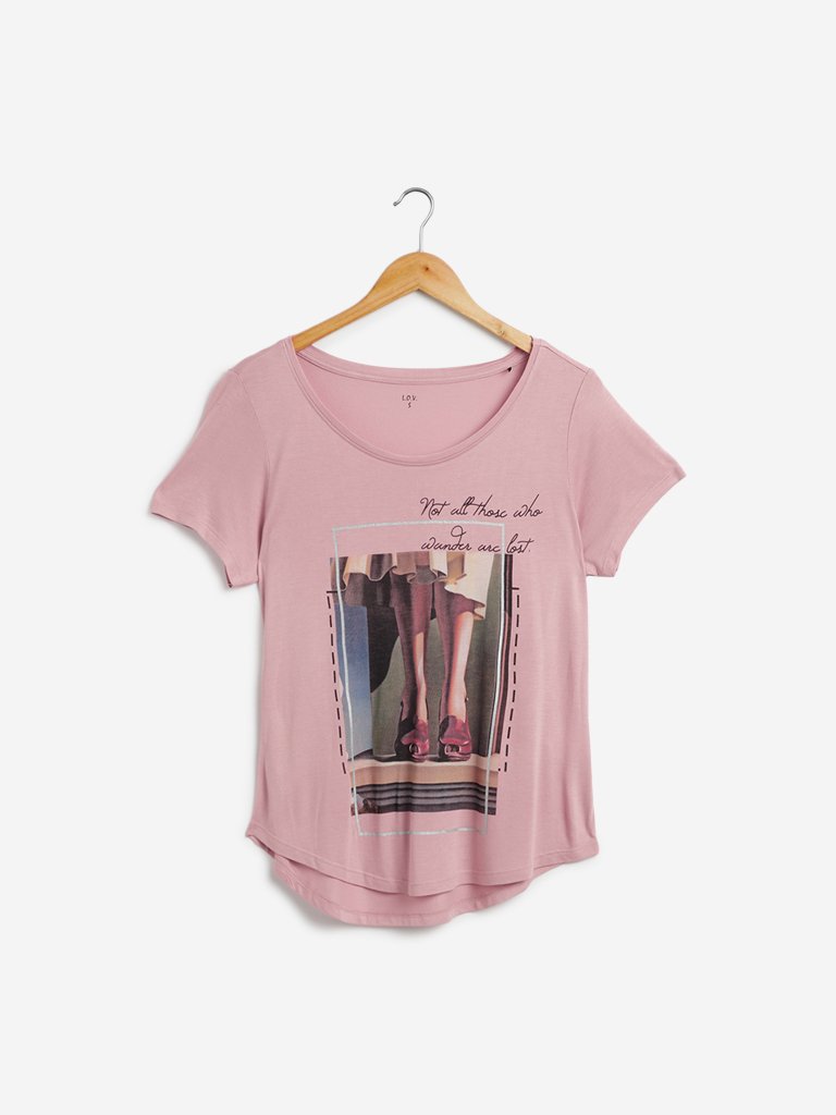 LOV Light-Pink Printed High-Low T-Shirt