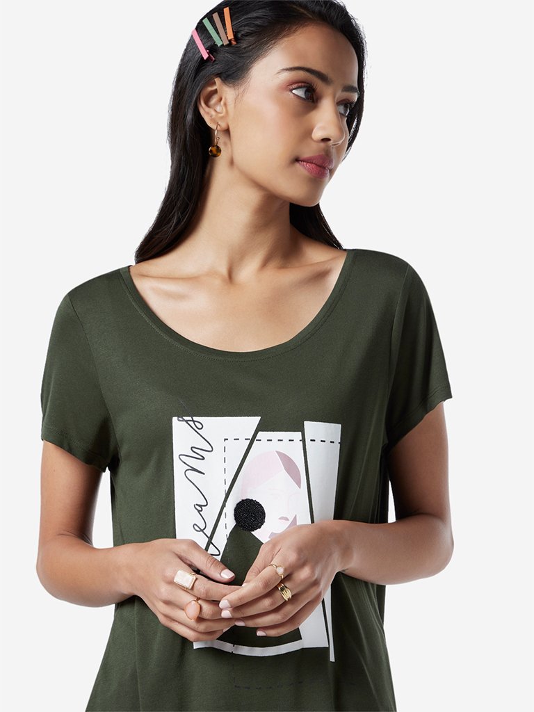 LOV Khaki Graphic Print T-Shirt
