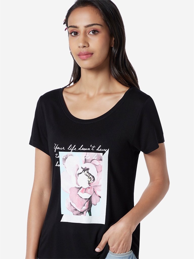 LOV Black Graphic Print High-Low T-Shirt