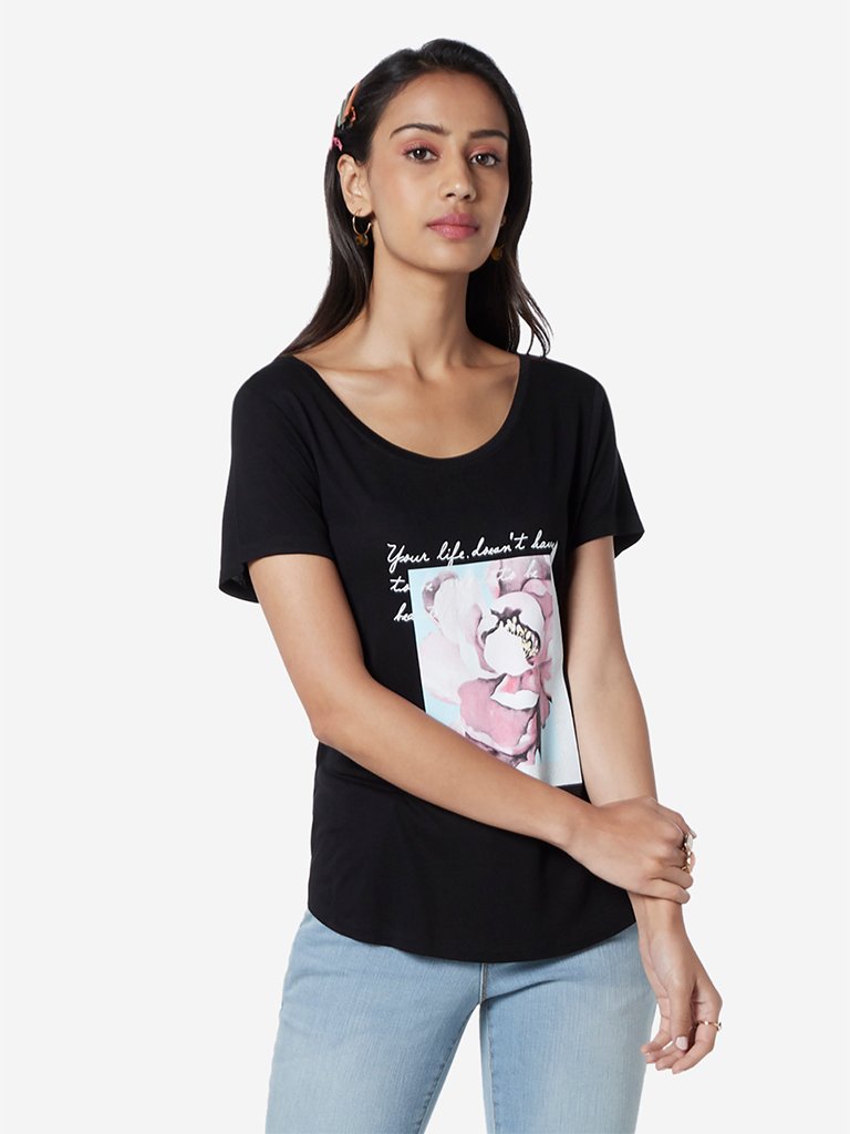 LOV Black Graphic Print High-Low T-Shirt