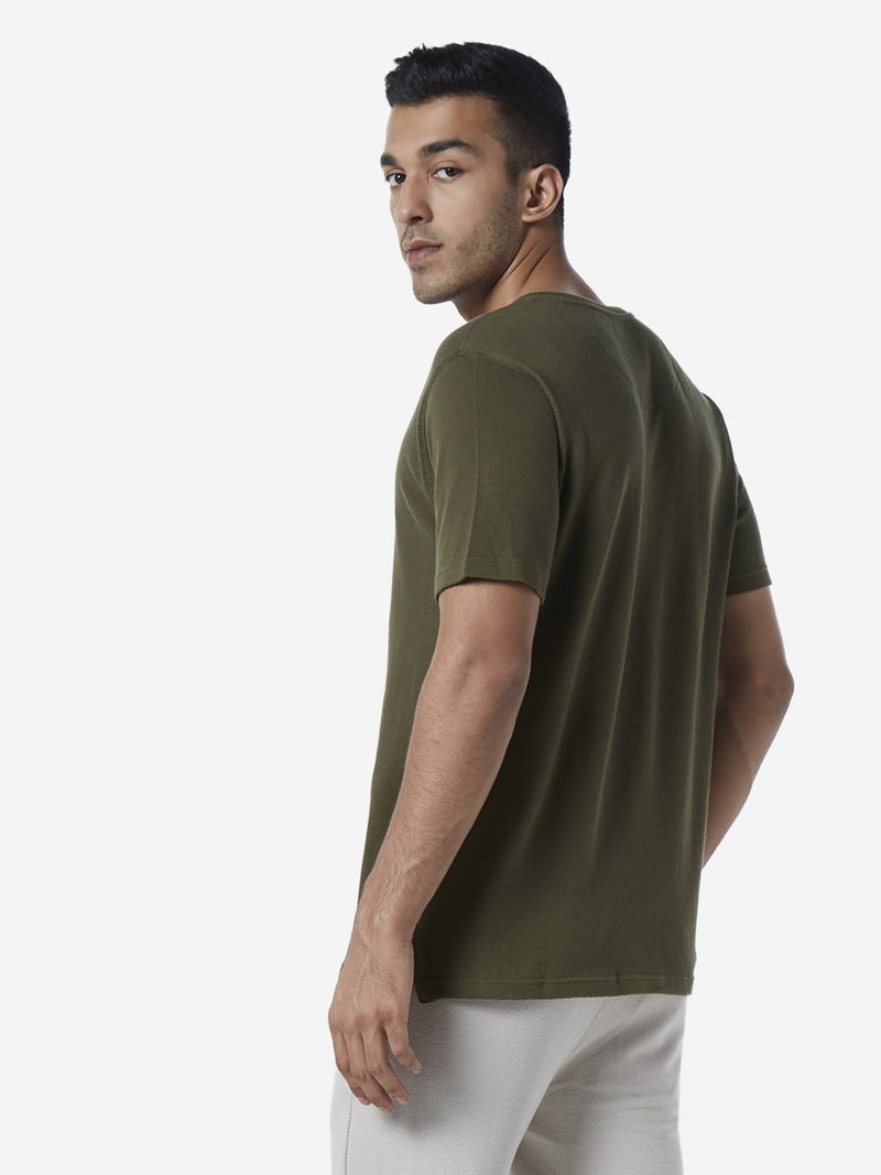ETA Olive Slim Fit Self-Textured T-Shirt