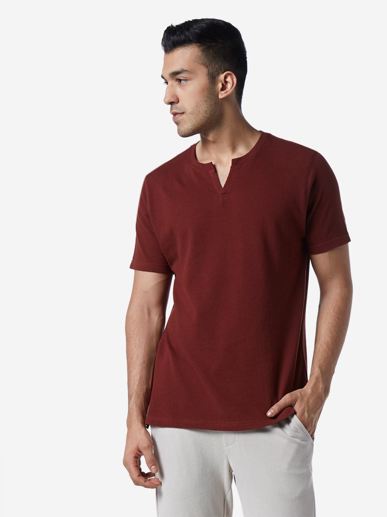 ETA Maroon Slim Fit Self-Textured T-Shirt