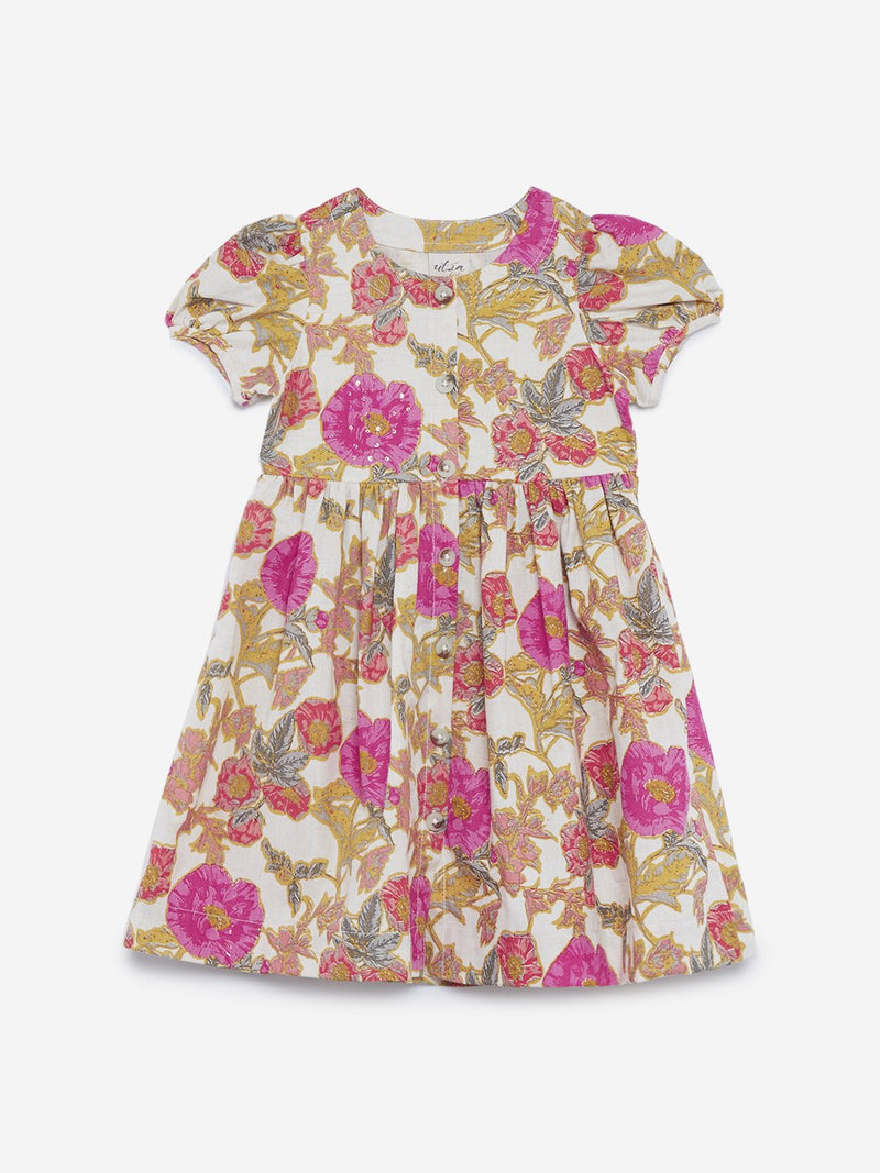 Utsa Kids Off White Floral Print Dress