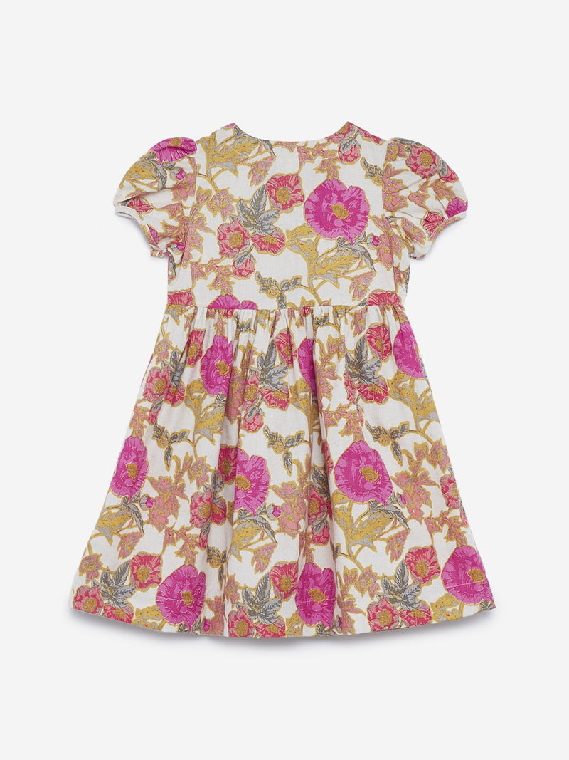 Utsa Kids Off White Floral Print Dress