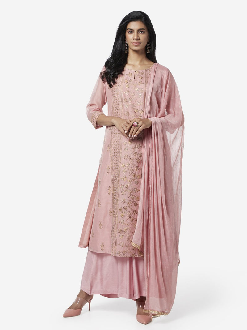 Vark Pink Embroidered Kurta And Palazzos Set