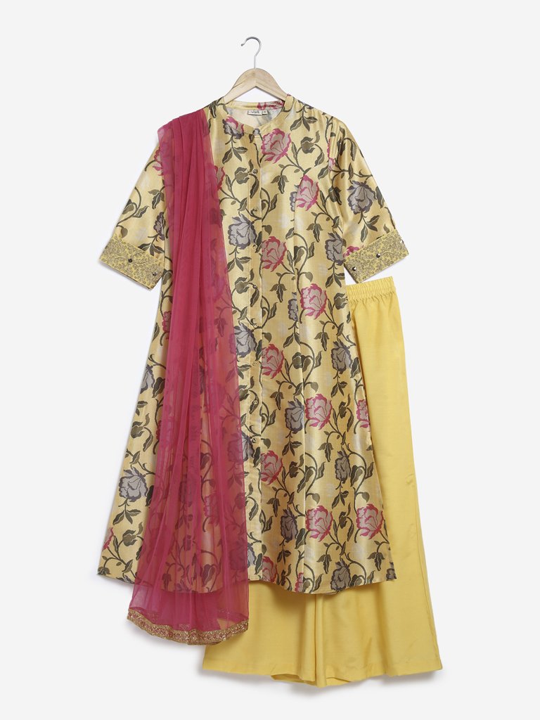Vark Yellow Floral A-line Kurta And Palazzos Set