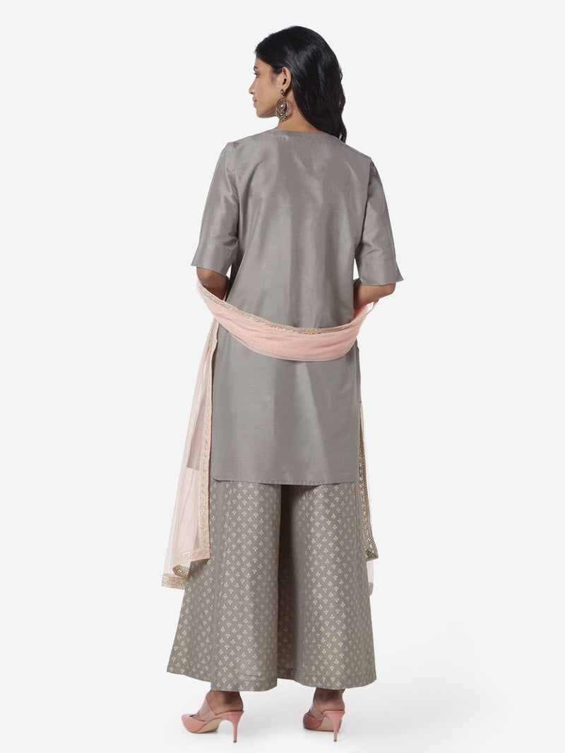 Vark Grey Embroidered Kurta And Palazzos Set