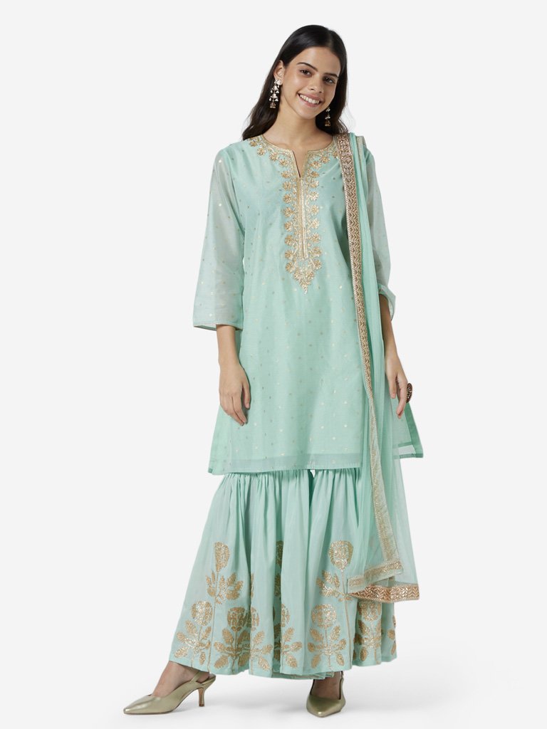 Vark Light Blue Kurta, Sharara and Dupatta Set