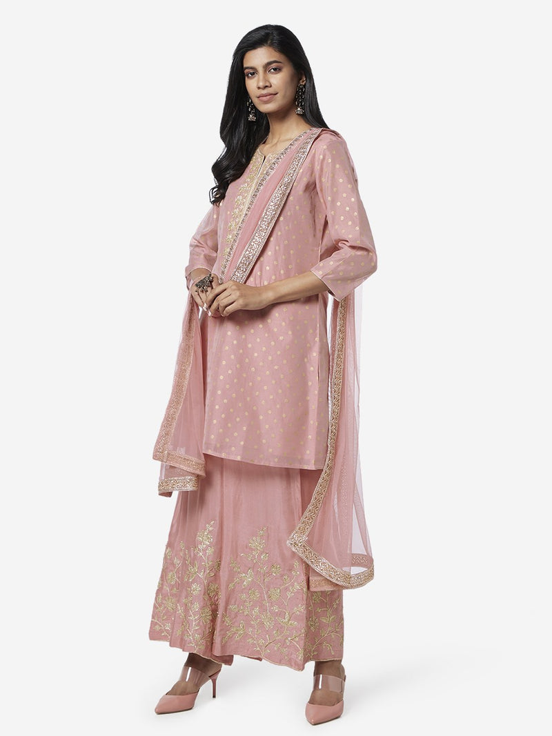 Vark Pink Straight Kurta And Flared Palazzos Set