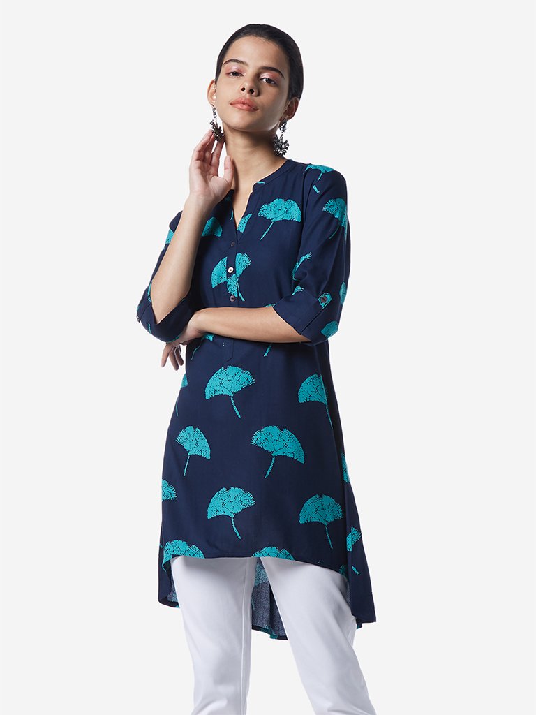 Utsa Indigo Flower Printed High-Low Kurti