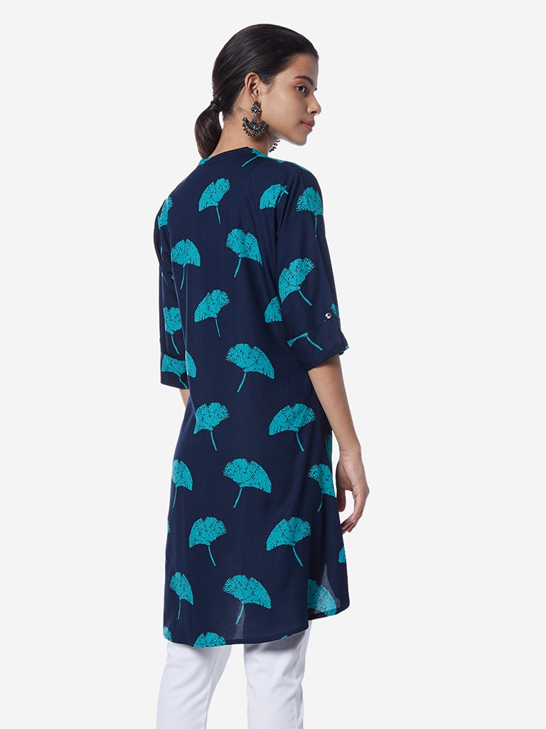 Utsa Indigo Flower Printed High-Low Kurti
