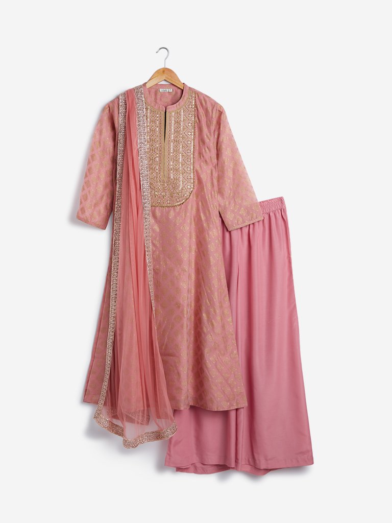 Vark Pink Embroidered Kurta, Dupatta and Palazzo