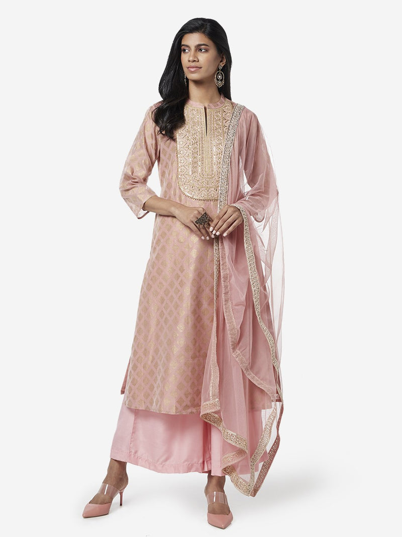 Vark Peach Kurta, Palazzos And Dupatta Set