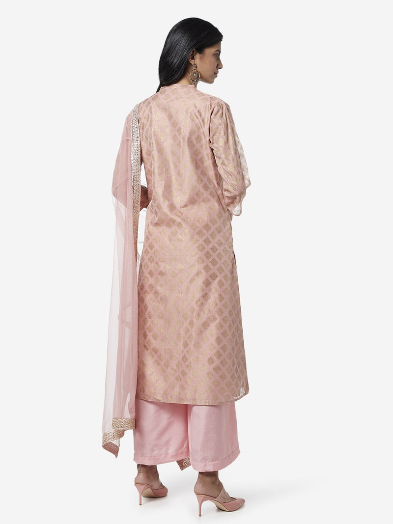 Vark Peach Kurta, Palazzos And Dupatta Set